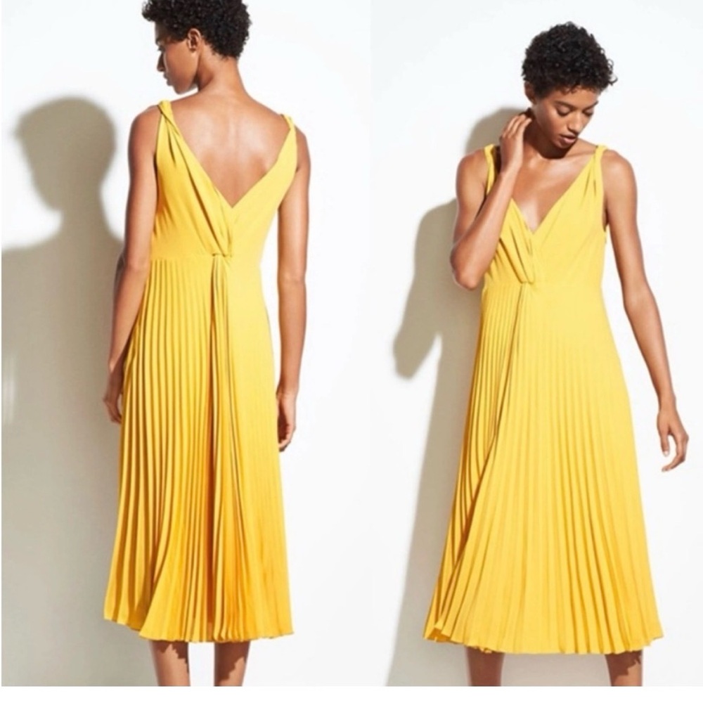 Vince Twist Front Pleated Midi Dress Yellow Size 0